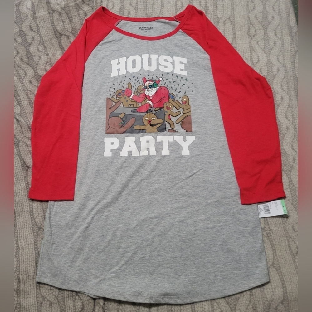 NWT Joe Boxer Holiday Christmas House Party Raglan T-Shirt (Juniors Sz L)